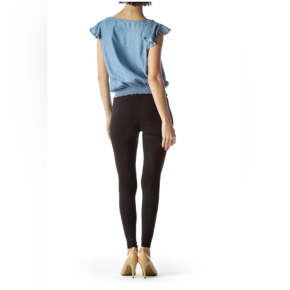 Francesca’s Blue Rain V Neck Chambray Ruched Waist Short Cap Sleeve Size Small - Picture 3 of 8
